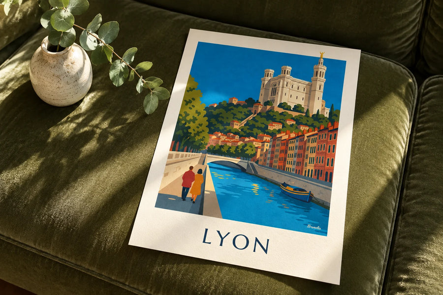 Póster de los muelles del Saona y el funicular de Fourvière en Lyon: sobre una mesa
