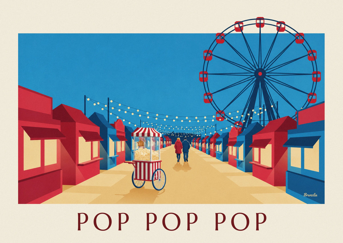 Affiche machine à pop-corn rayée rouge et blanc à la fête foraine