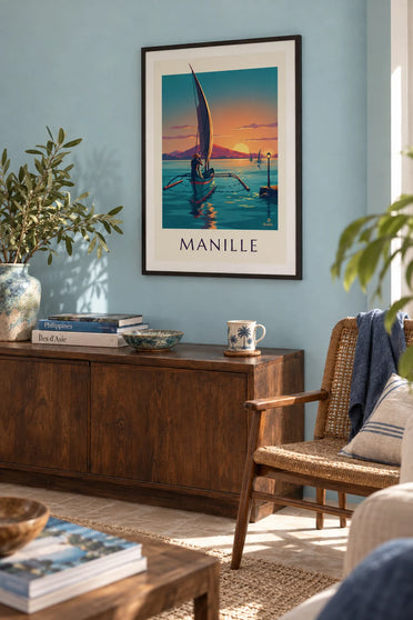 Affiche pirogue bangka dans la baie de Manille au couchant : encadrée au mur