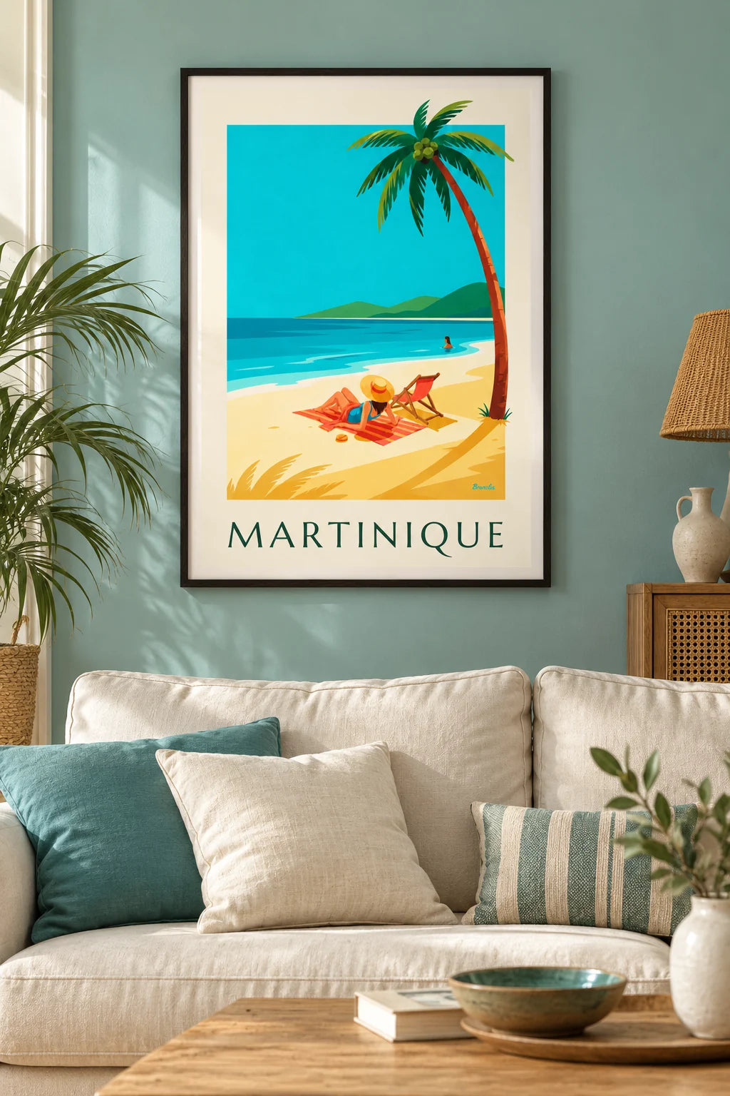 Ambientación de Affiche femme sur une plage de sable blanc en Martinique