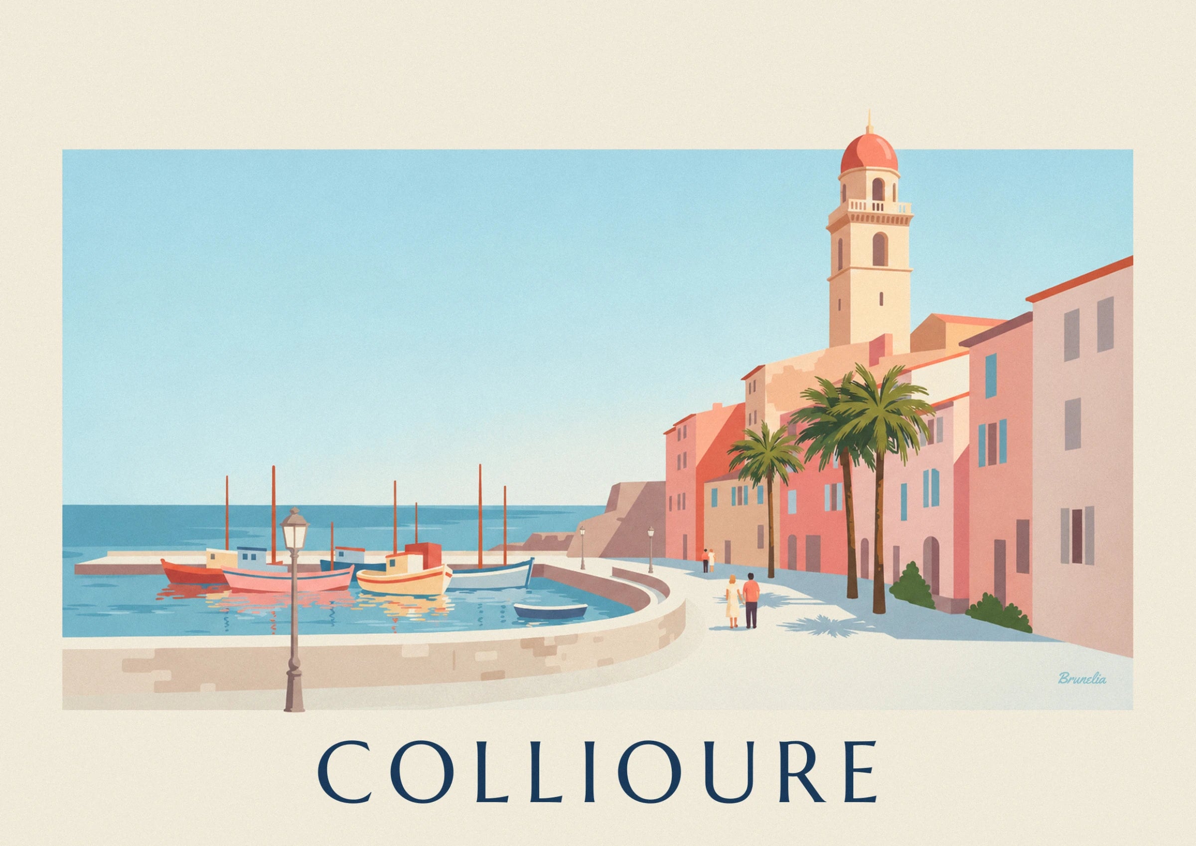 Le clocher ocre à toit rose dominant les maisons roses et un palmier