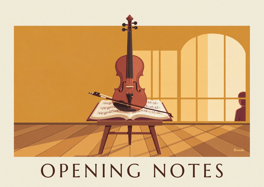 Violin and bow on open sheet music poster