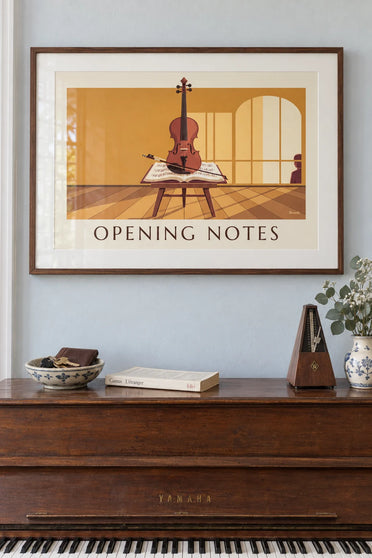 Violin and bow resting on an open score poster: framed on the wall