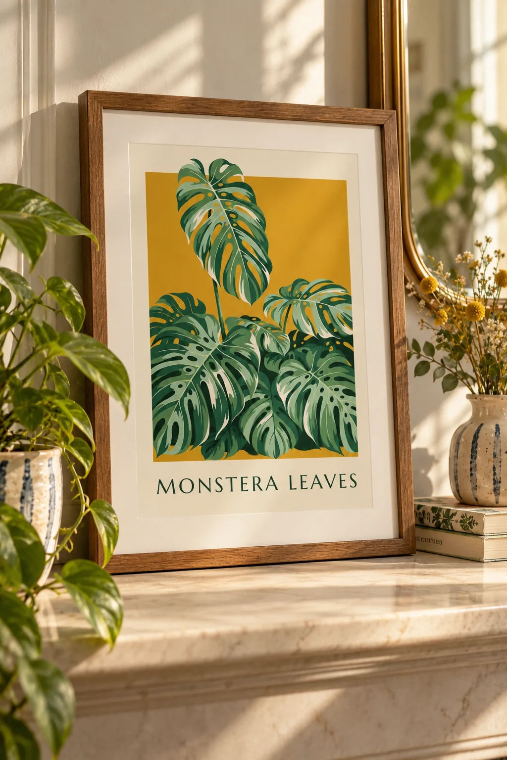 Bathroom: Lush monstera leaf bouquet poster on the wall