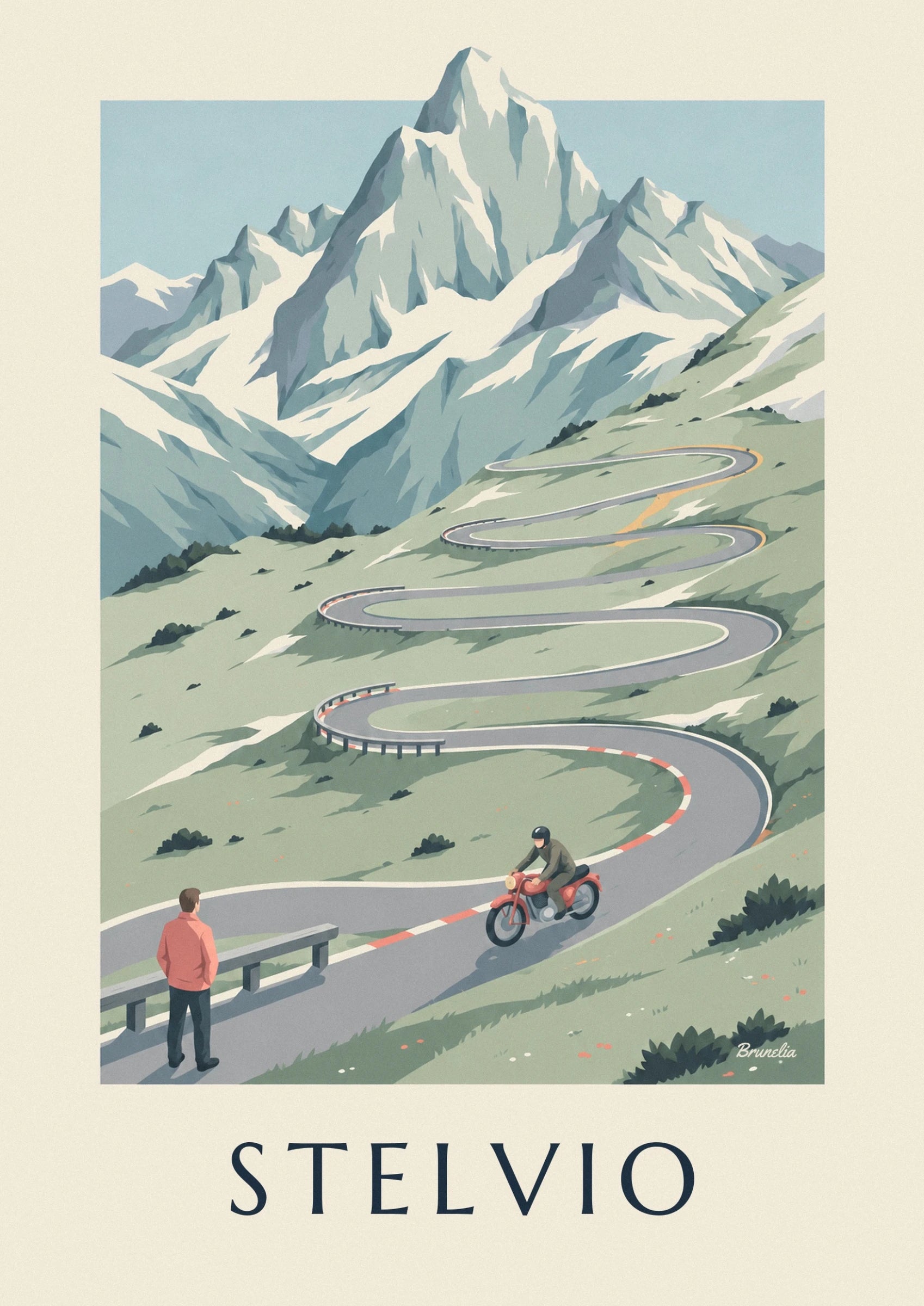 The helmeted rider in green on his red motorbike on a bend in the Stelvio