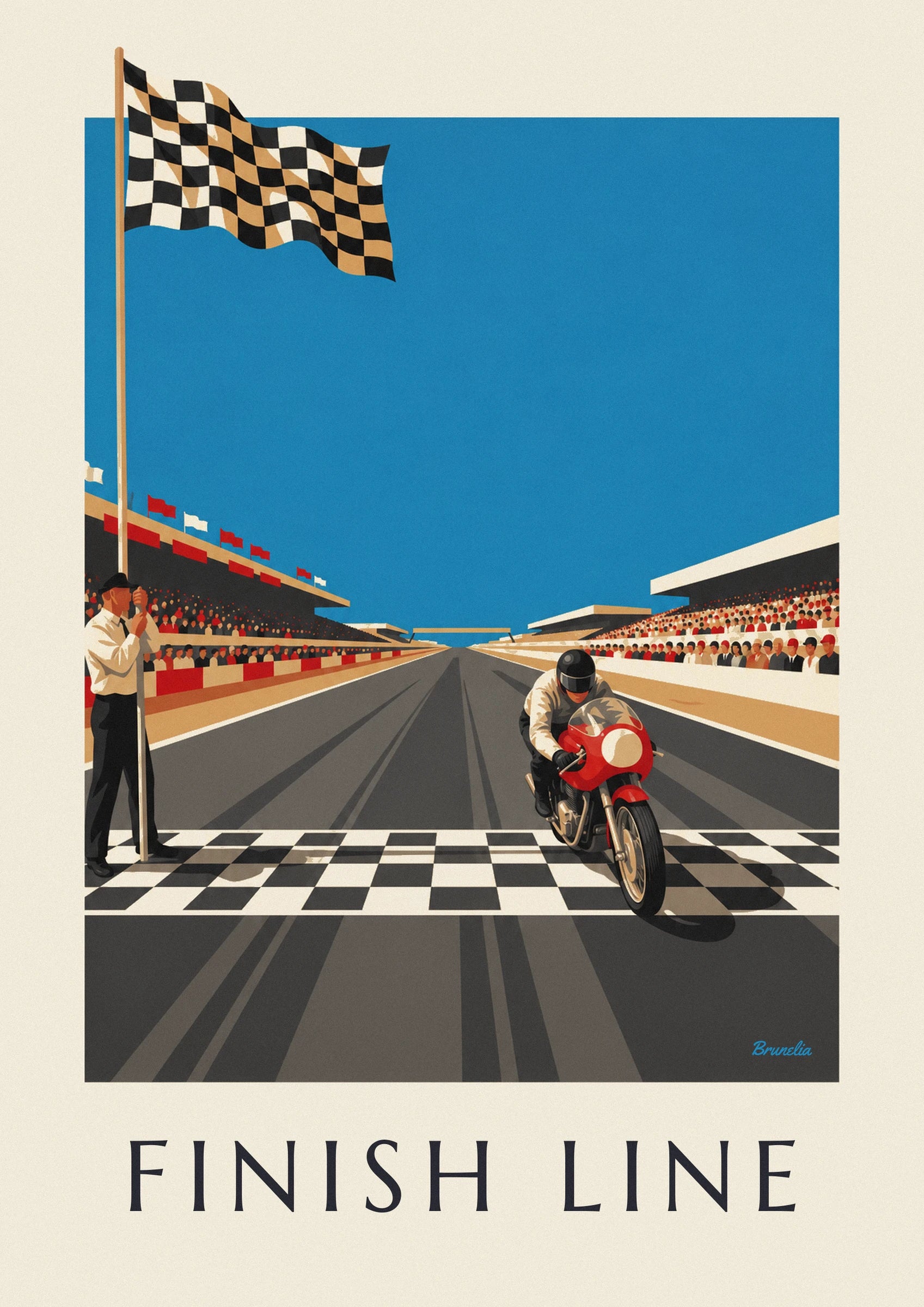 Póster moto cruzando la línea de meta bajo la bandera a cuadros: detalle en primer plano