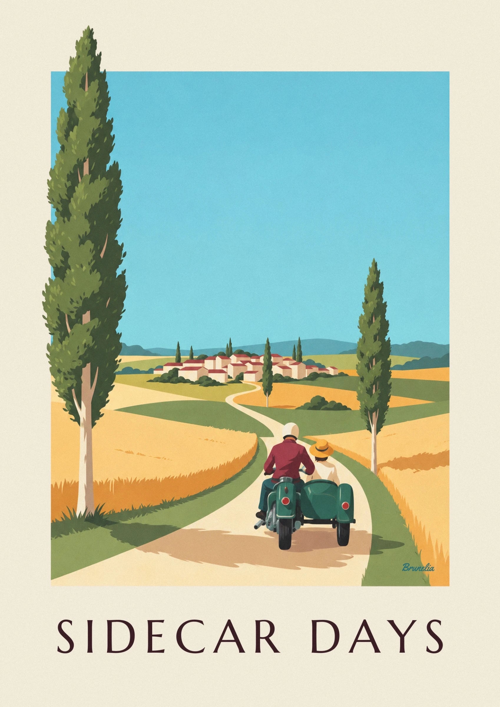 The rider in a burgundy jacket and his passenger in a hat in the green sidecar