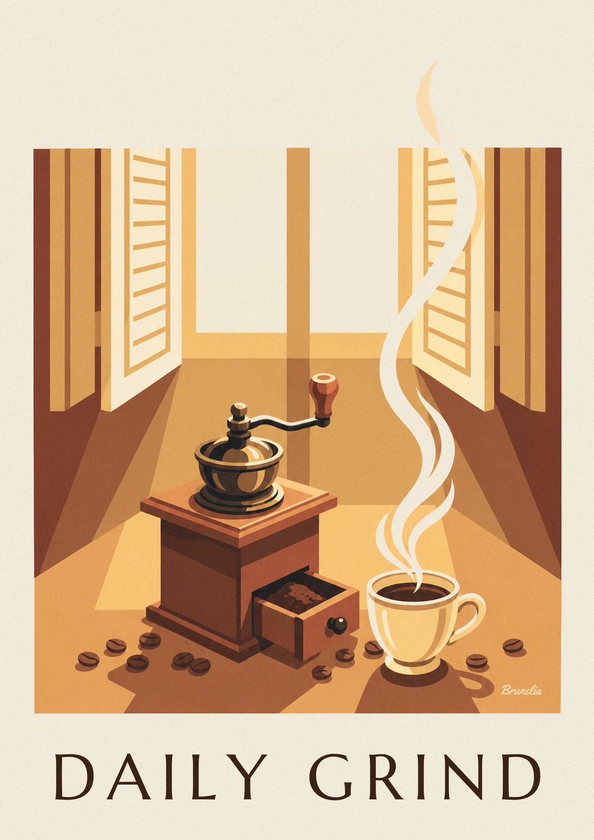 Wooden coffee grinder and coffee beans poster