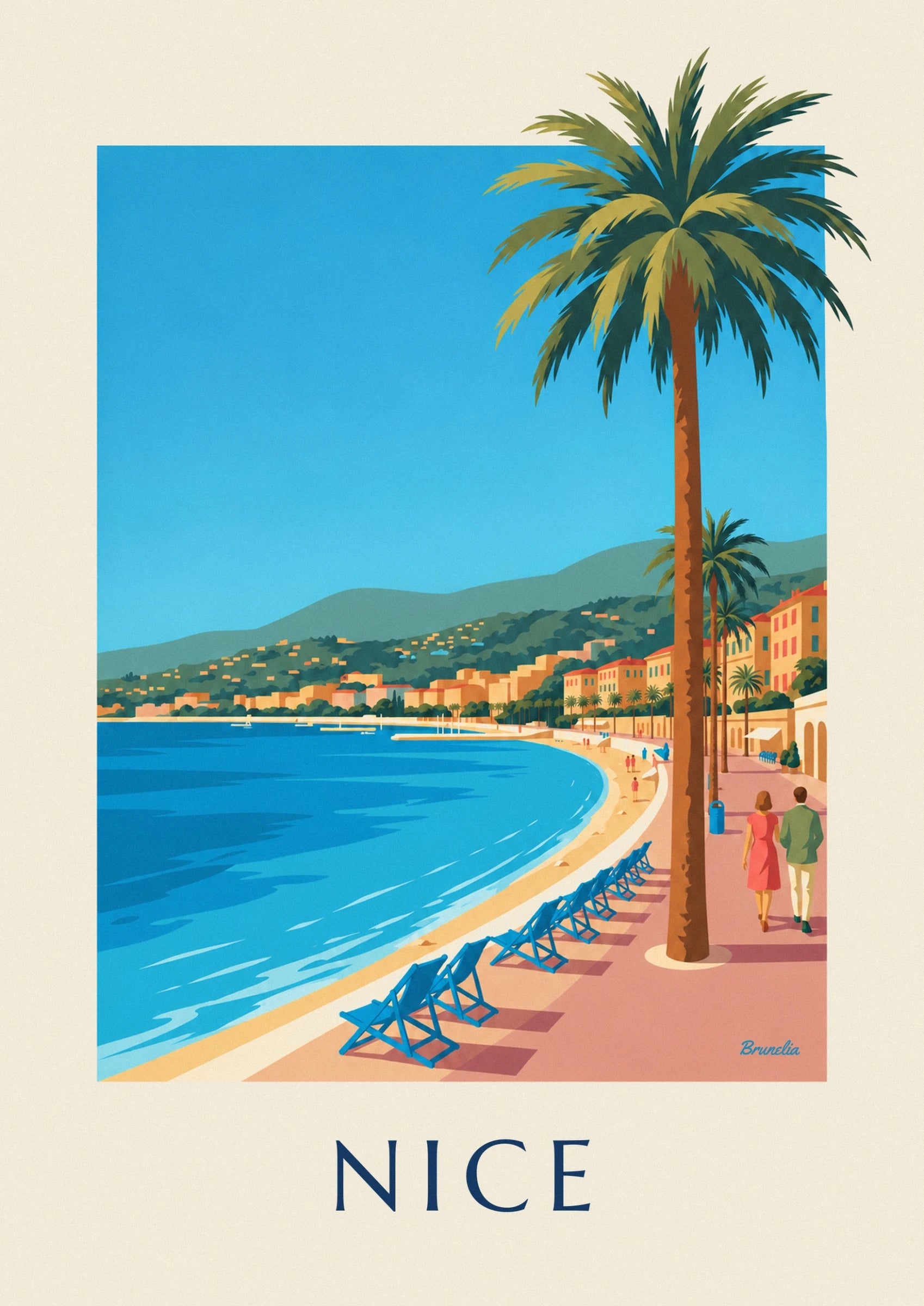A tall palm tree with green and golden fronds against the blue sky of Nice