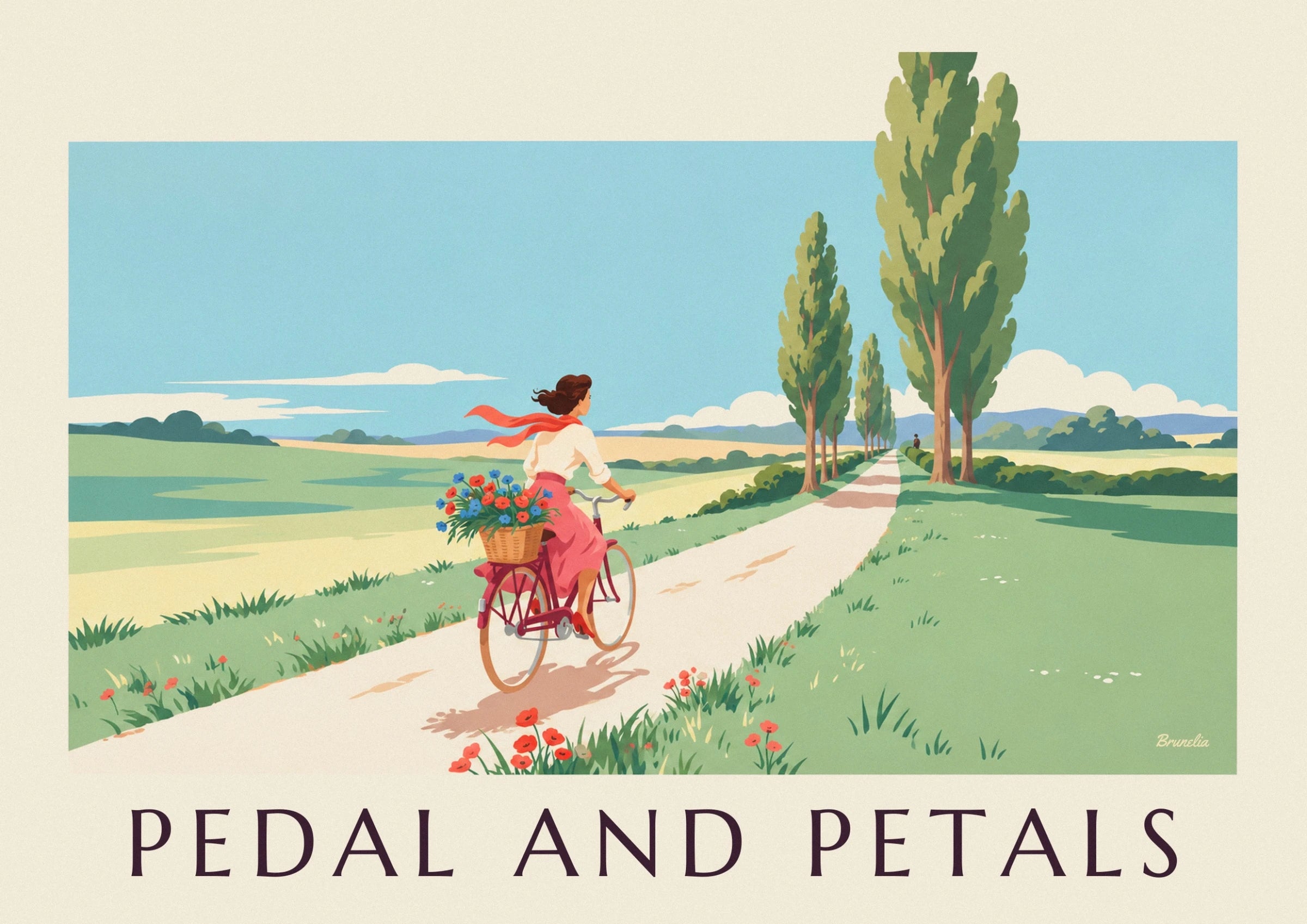 The cyclist in a pink skirt and red scarf with a basket of flowers at the back of her bicycle