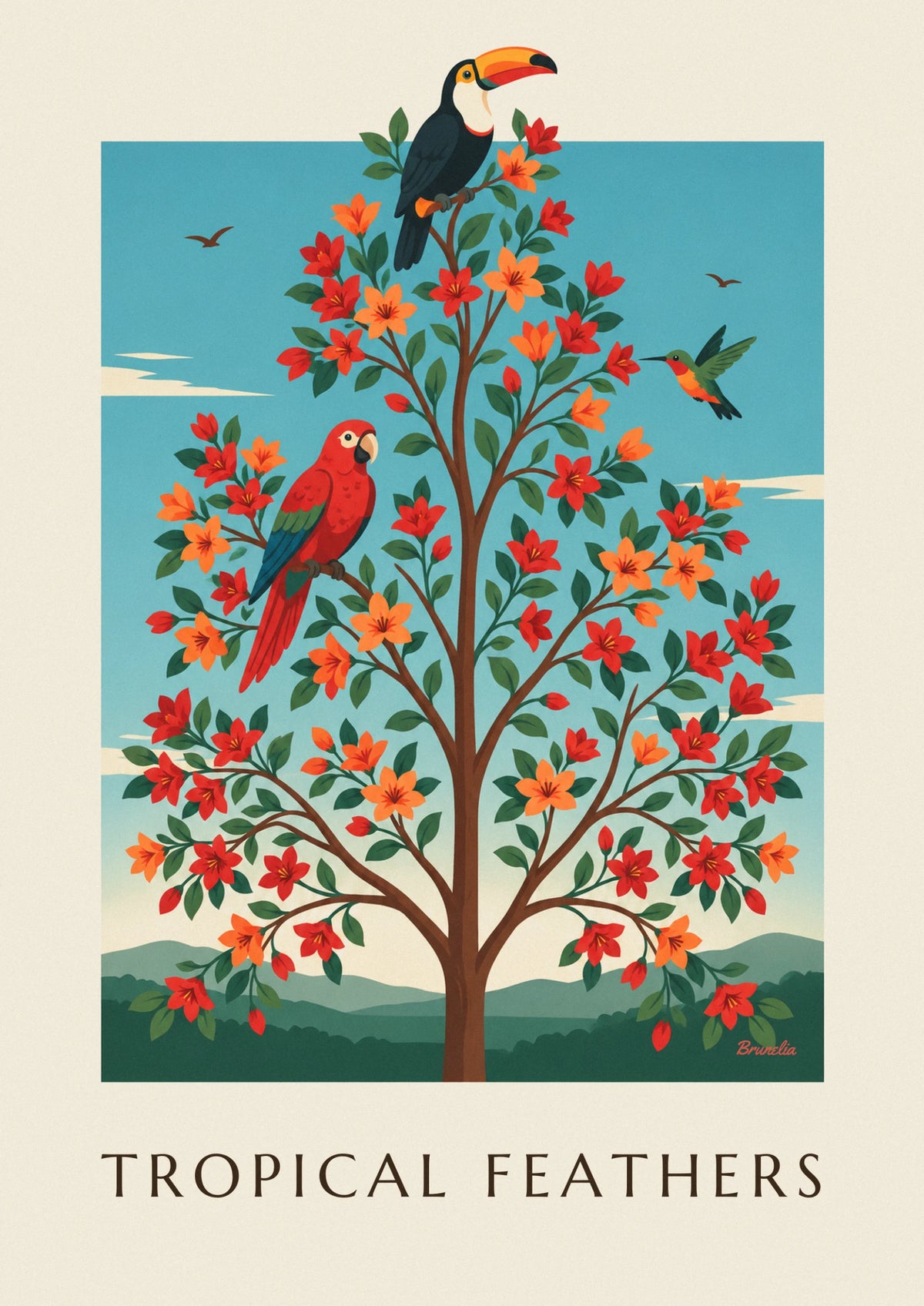 Toucan, parrot and hummingbird ornithological chart poster