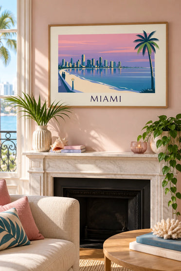 Póster rascacielos y palmeras de Miami al anochecer: enmarcado en la pared