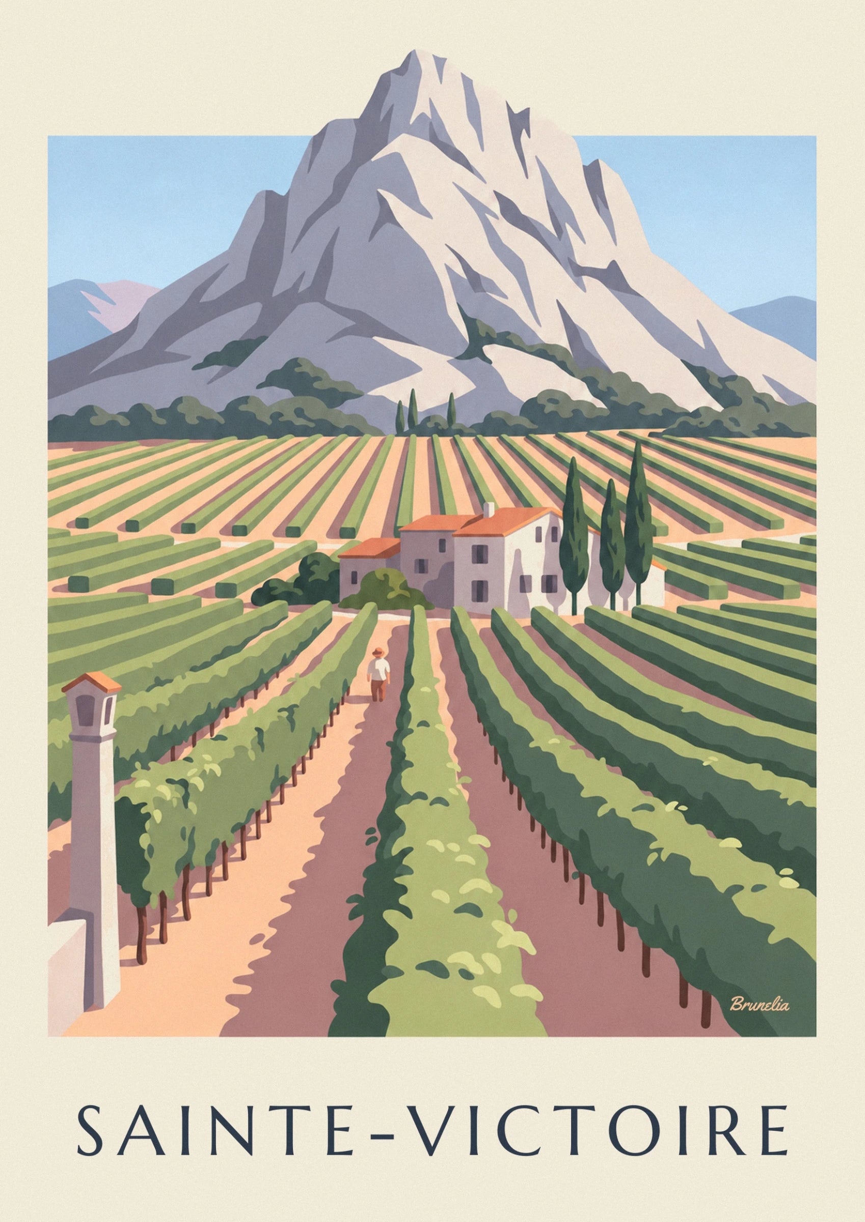 The farmhouse with grey shutters and an orange roof, its 4 cypresses and the mountain above the vineyards