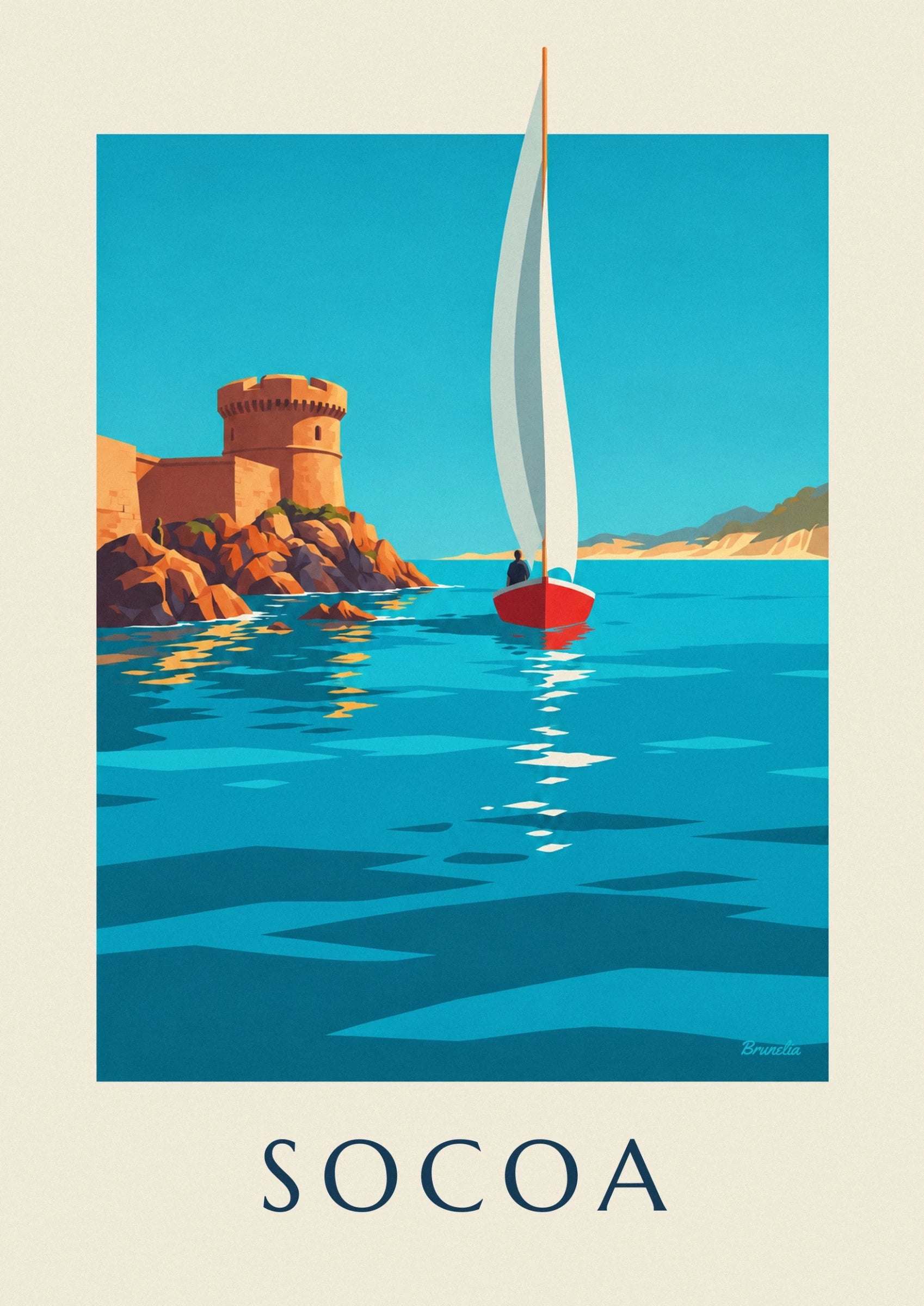 Le voilier rouge aux voiles blanches et son passager sur la mer turquoise
