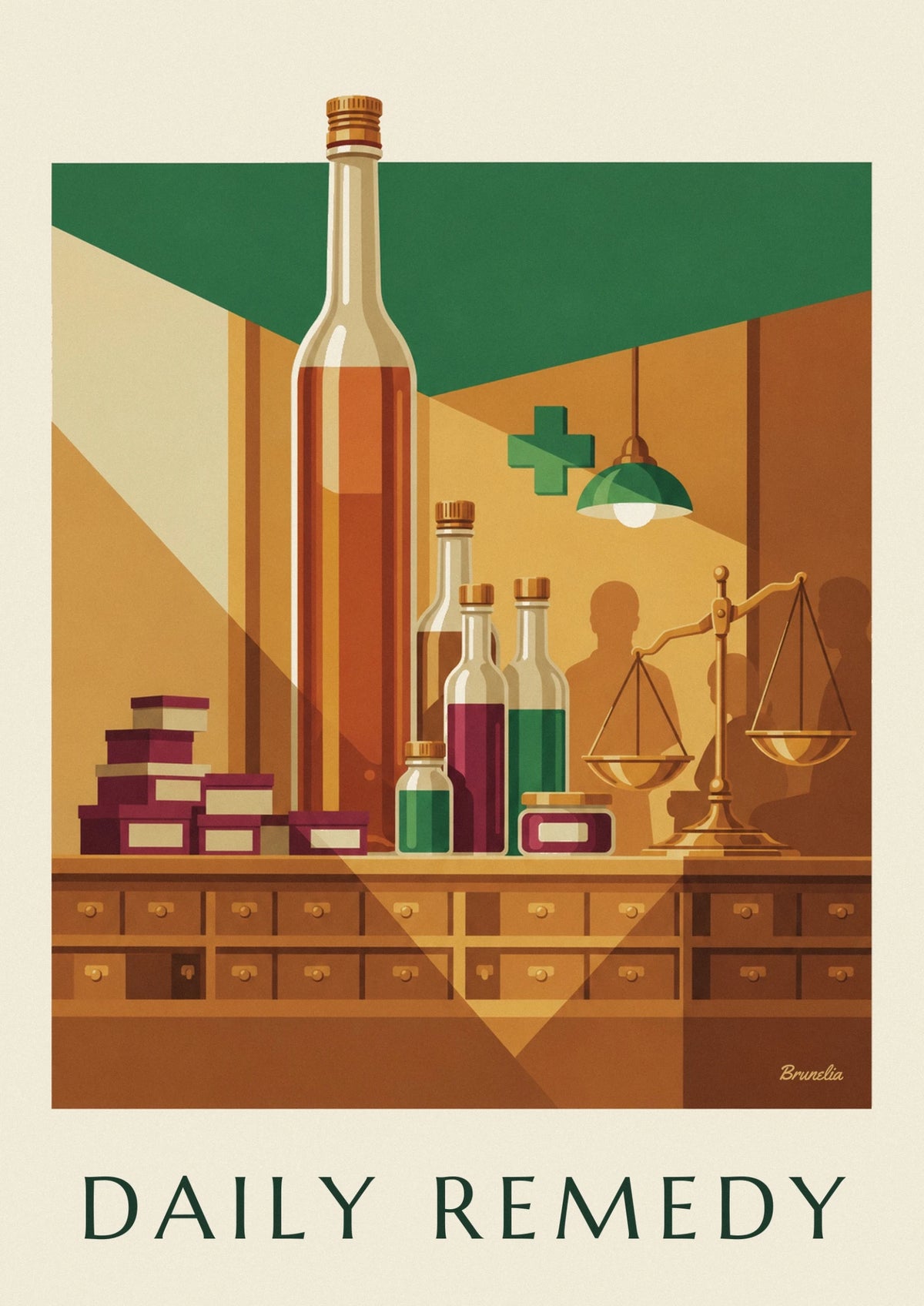 Old pharmacy counter, syrups and pills poster