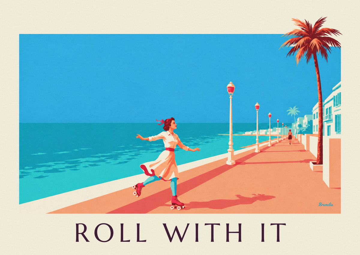 Roller skating pin-up seaside promenade poster