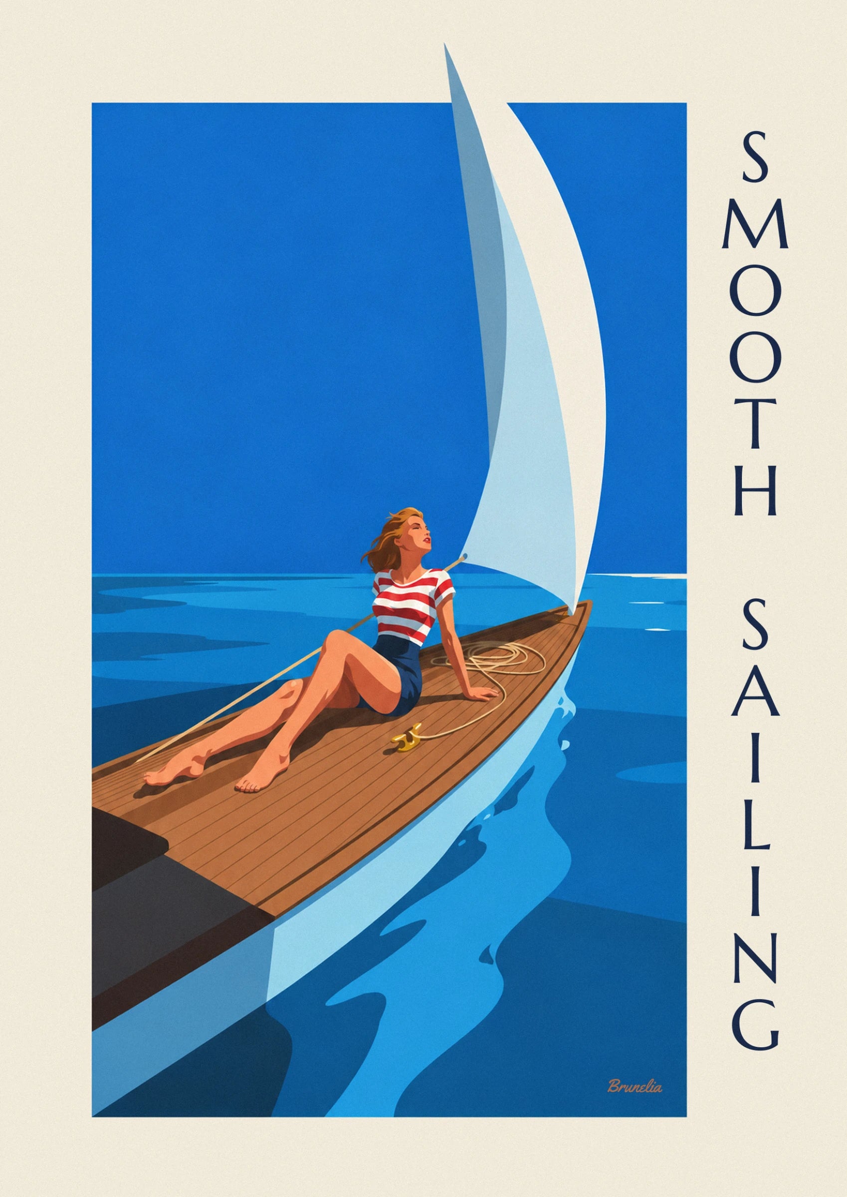 Affiche pin-up sur le pont d'un voilier en pleine mer : détail en gros plan