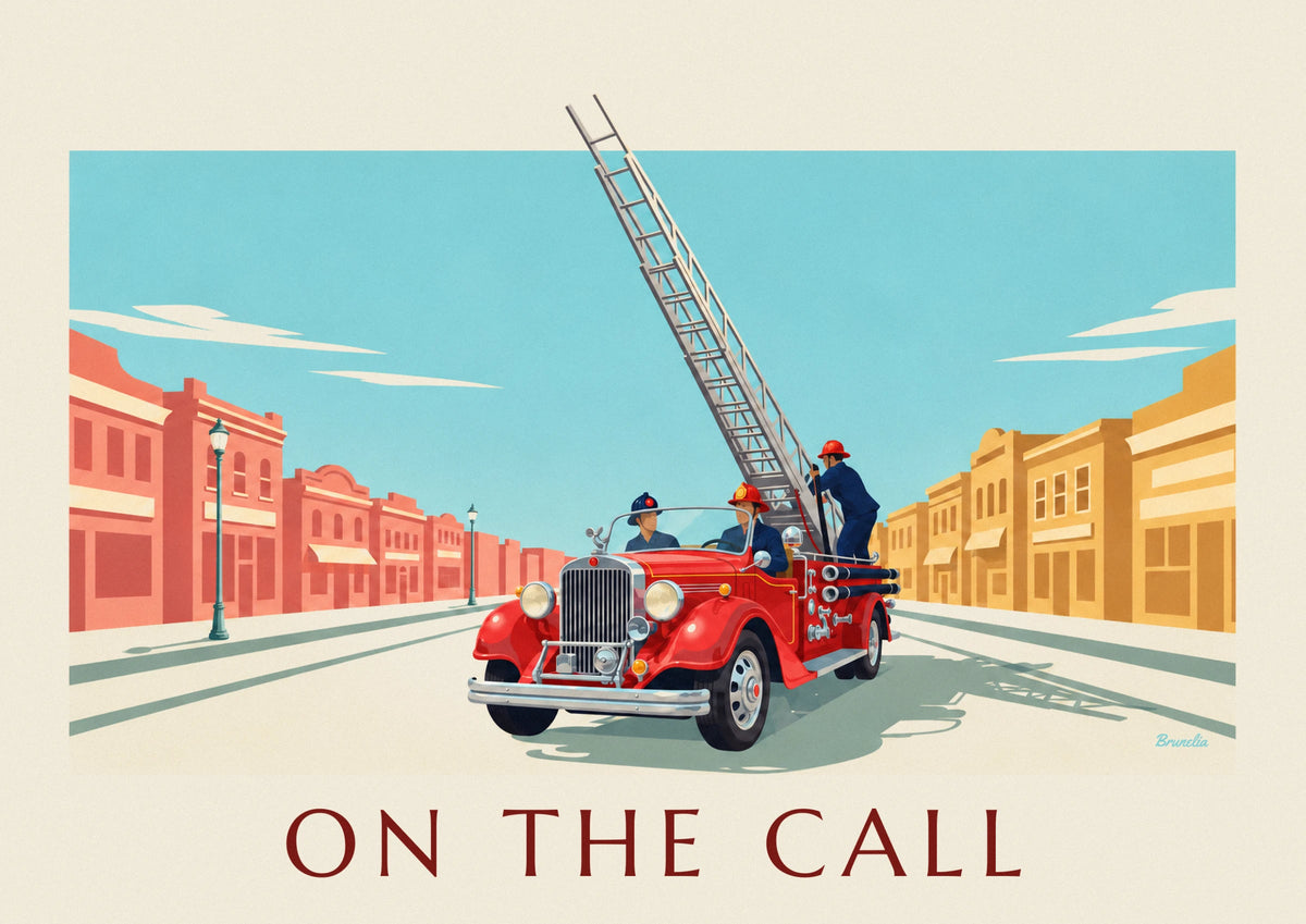 Red fire truck and aerial ladder in action poster