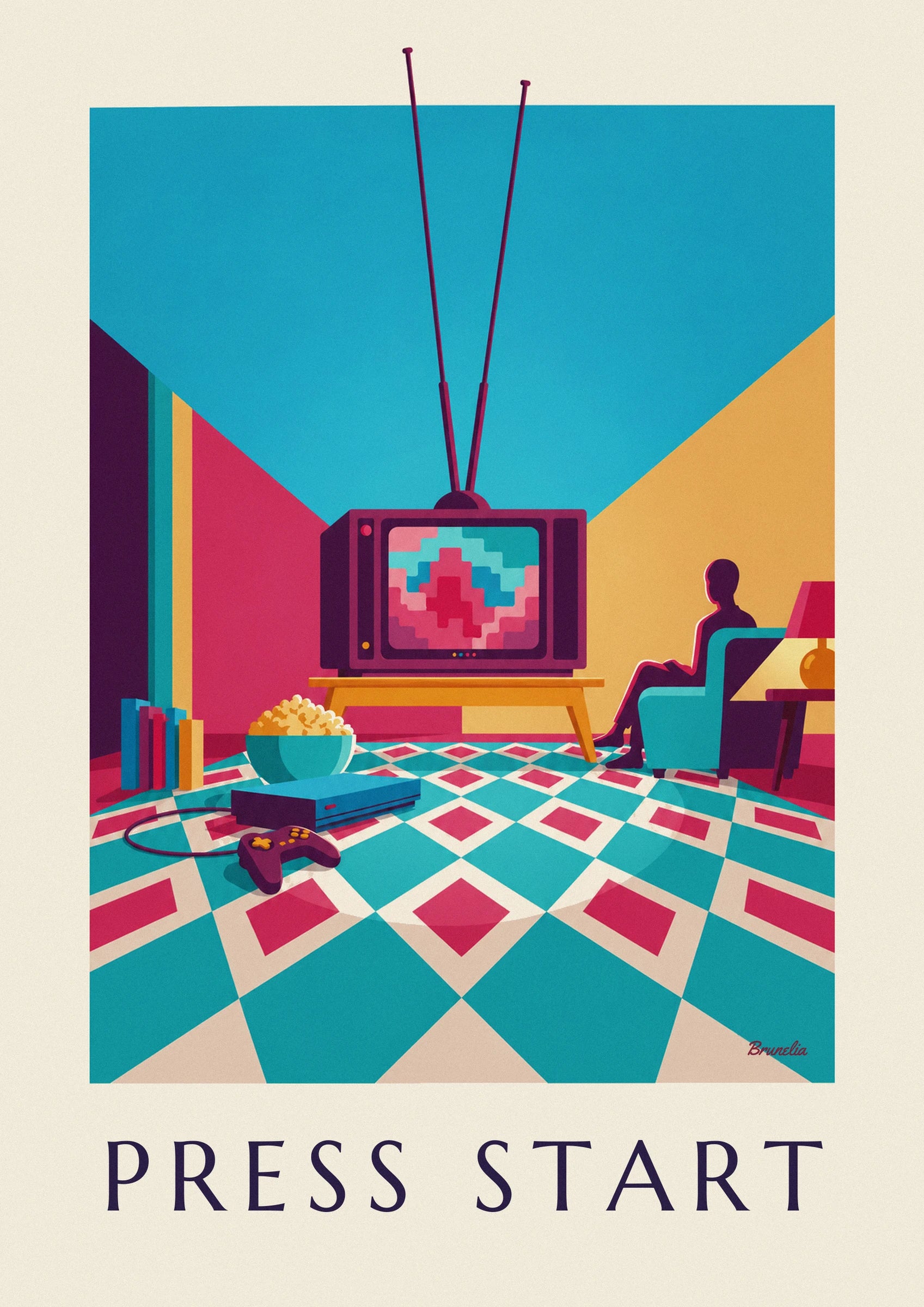 The old purple television on its yellow cabinet, with pink and turquoise patterns