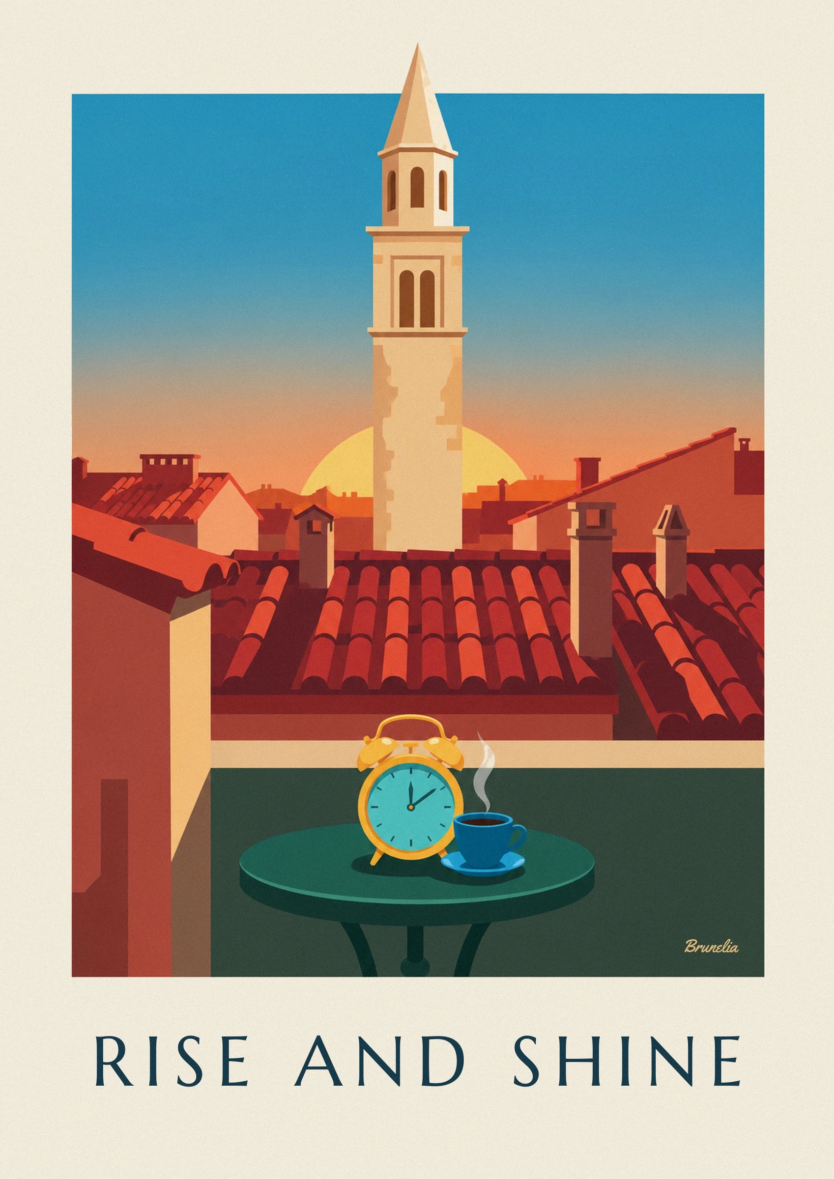 El despertador amarillo y la taza de café azul humeante sobre la mesa verde
