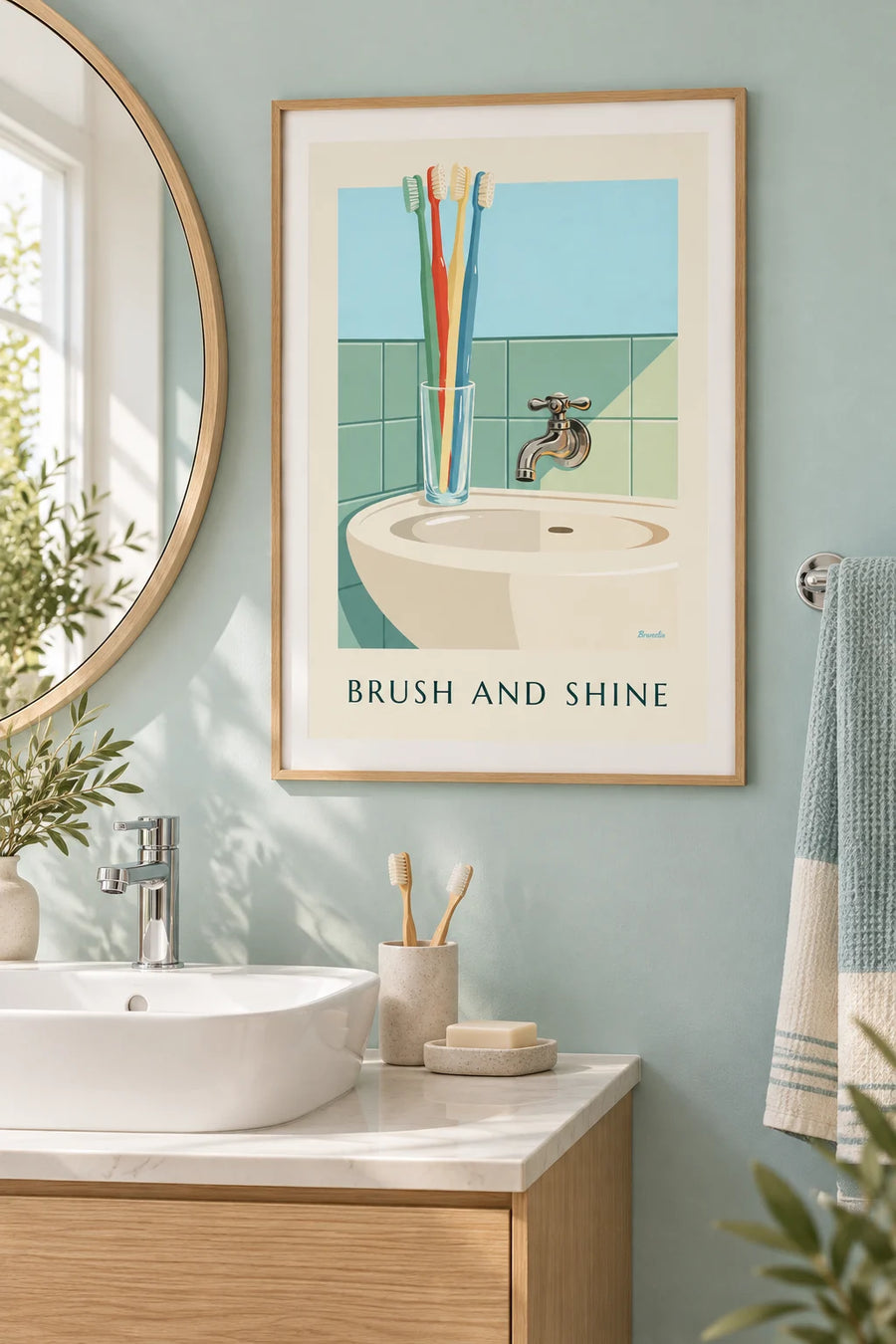 Póster de cepillos de dientes en su vaso junto al lavabo: enmarcado en la pared