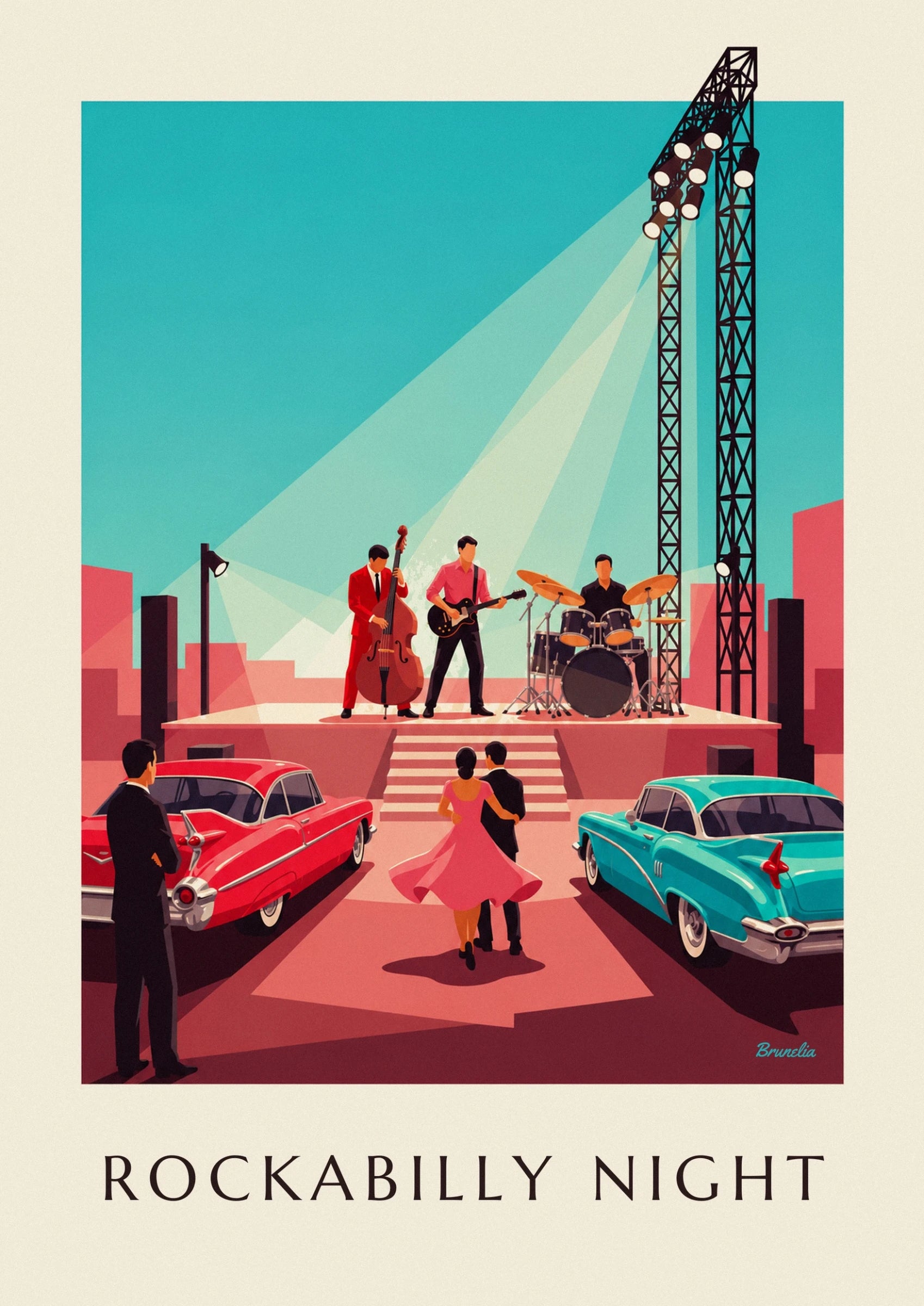 Le trio sur scène avec contrebasse rouge, guitare noire et batterie sous les projecteurs
