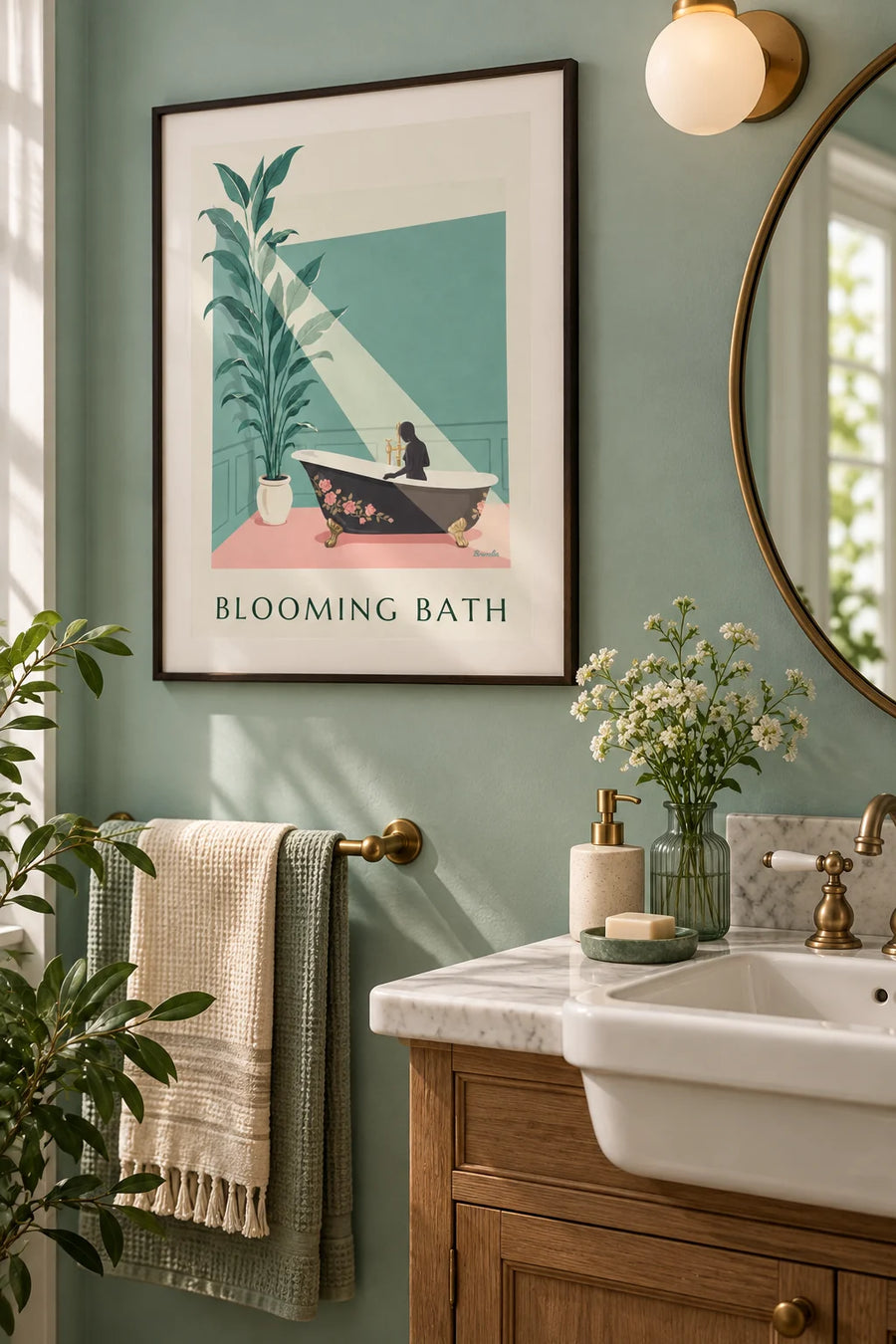 Póster de una bañera con flores sobre pared verde y suelo rosa: enmarcado en la pared