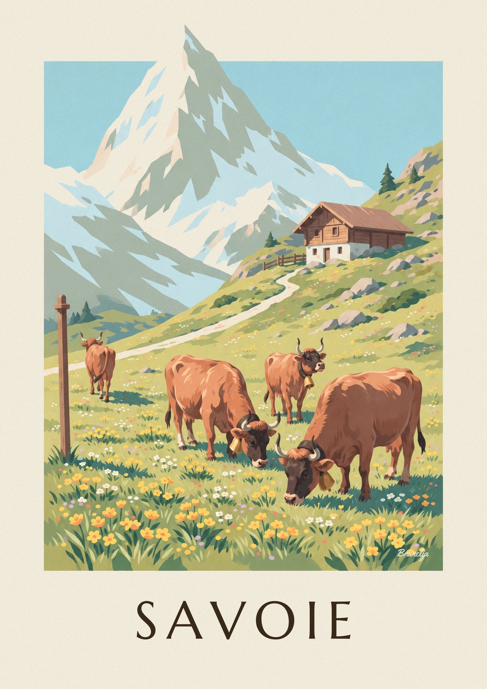 Póster de vacas tarinas en los pastos alpinos de Saboya: detalle en primer plano