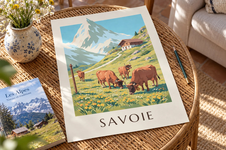 Póster vacas tarinas en los pastos alpinos de Saboya: sobre una mesa