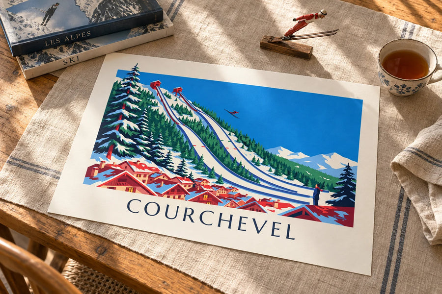 Póster de trampolines de salto de esquí de Courchevel en Le Praz: sobre una mesa