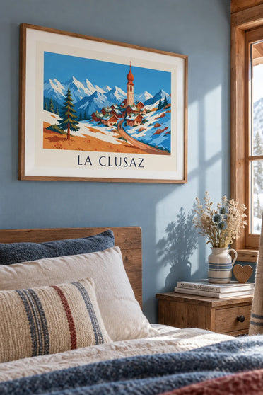 Poster of the village of La Clusaz and the snow-covered Aravis range: framed on the wall