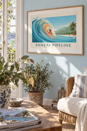 Poster of a surfer at the Banzai Pipeline on Oahu’s North Shore: framed on the wall