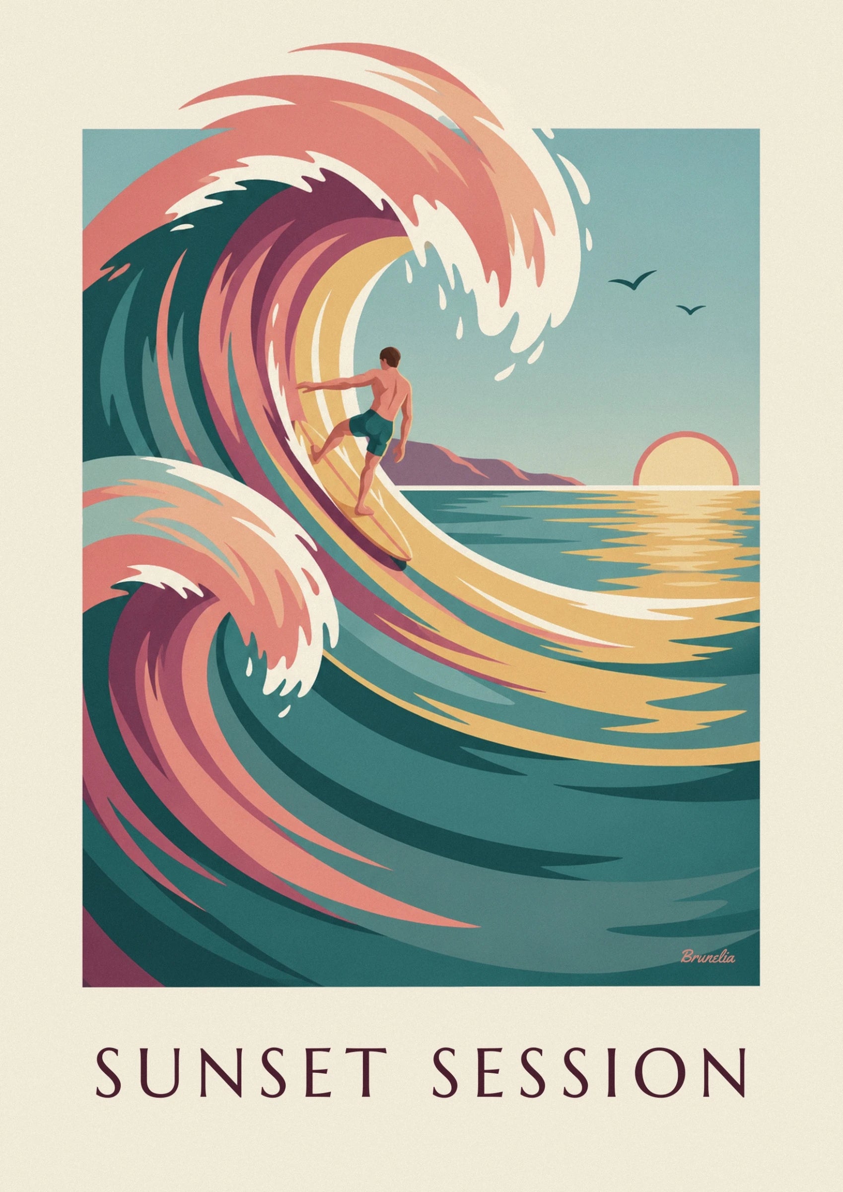 Le surfeur de dos en short turquoise sur sa planche jaune, au creux de la vague