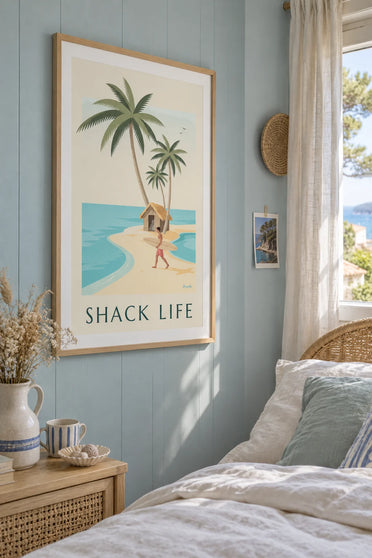 Surfer and tropical beach hut poster: framed on the wall