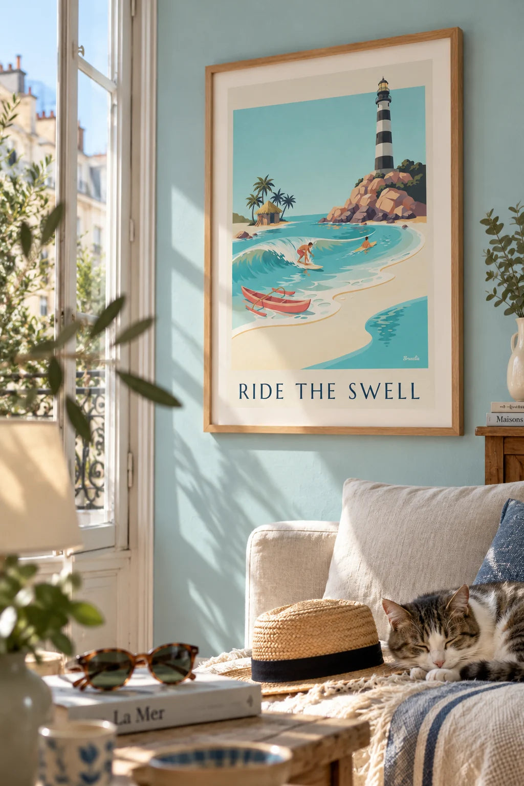 Surfer on a turquoise wave in a tropical cove poster on the wall