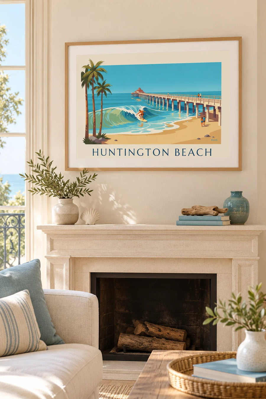 Affiche surfeur sous la jetée de Huntington Beach en Californie : encadrée au mur