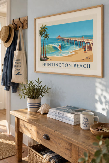 Affiche surfeur sous la jetée de Huntington Beach en Californie : encadrée au mur