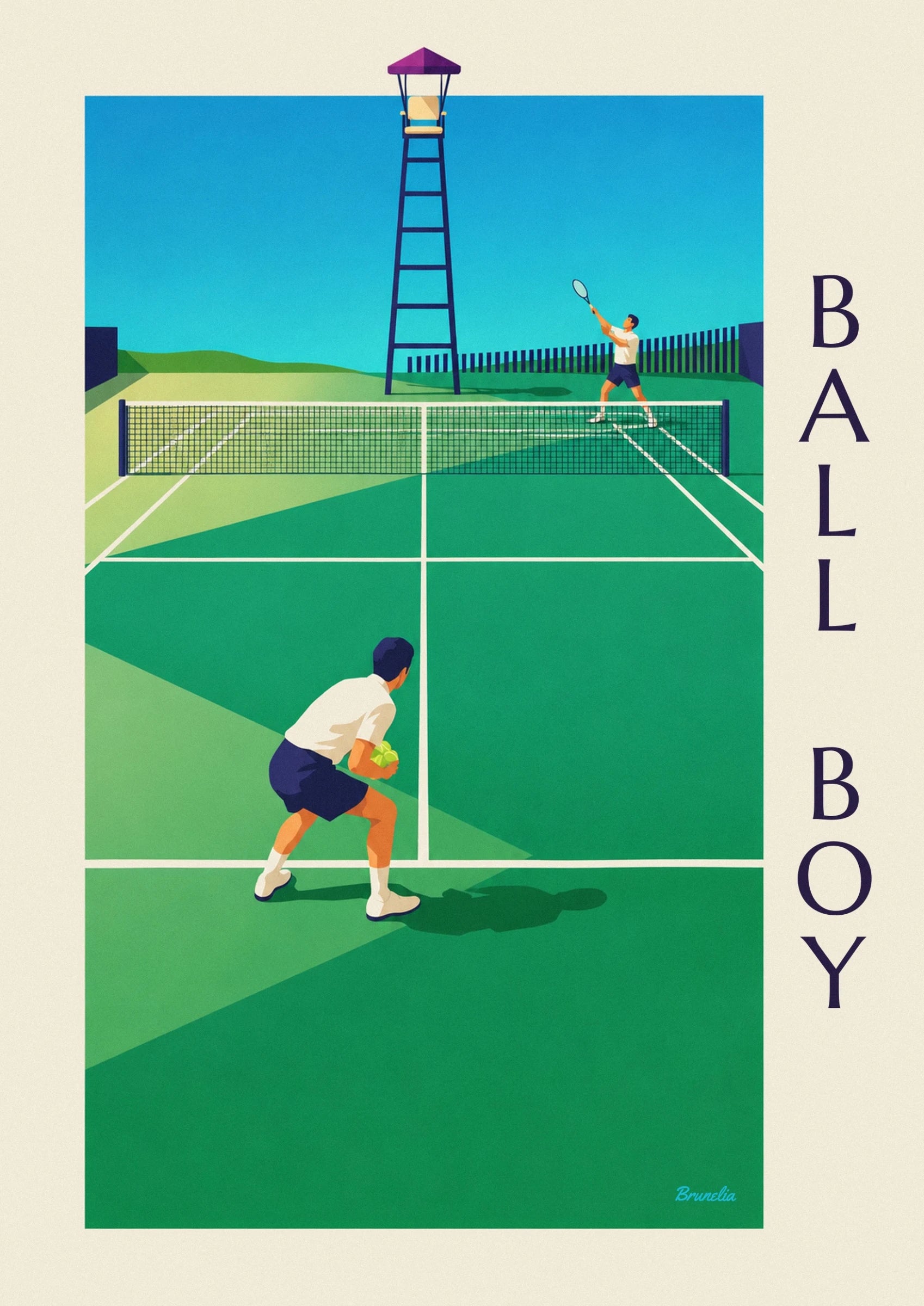 Le ramasseur en polo blanc et short bleu marine, les balles jaunes à la main