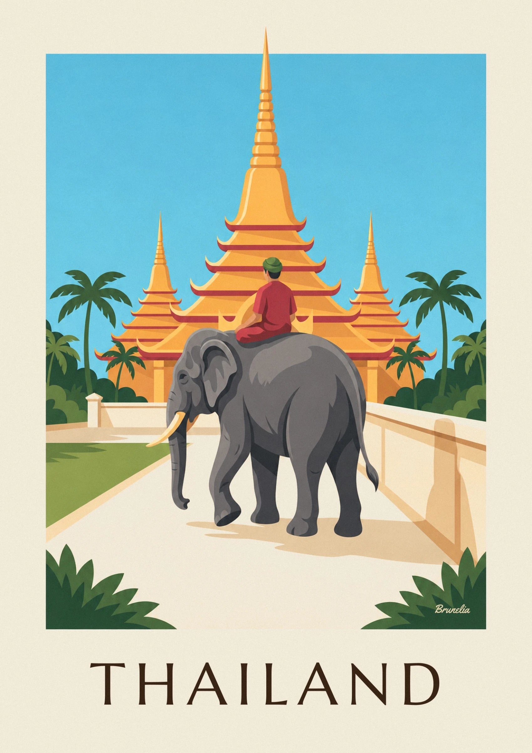 Un éléphant gris et son cavalier en rouge devant les pagodes dorées de Thaïlande