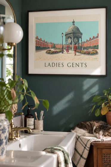Poster of Victorian public toilets, Ladies and Gents, in London: framed on the wall