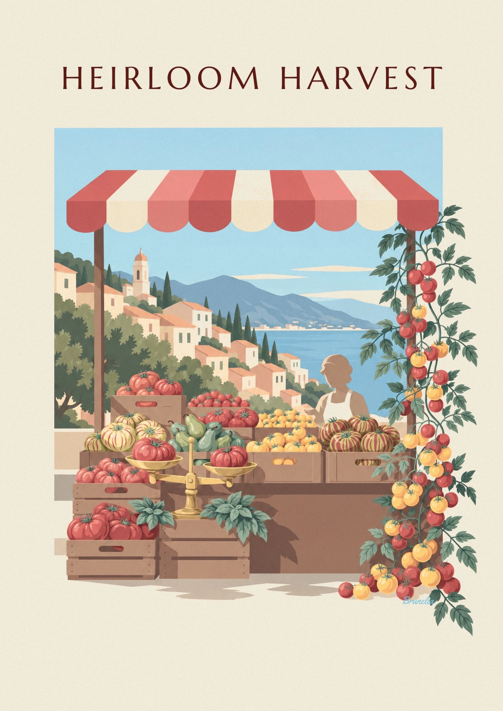 Red and striped ribbed tomatoes, green pears and golden scales on the stall