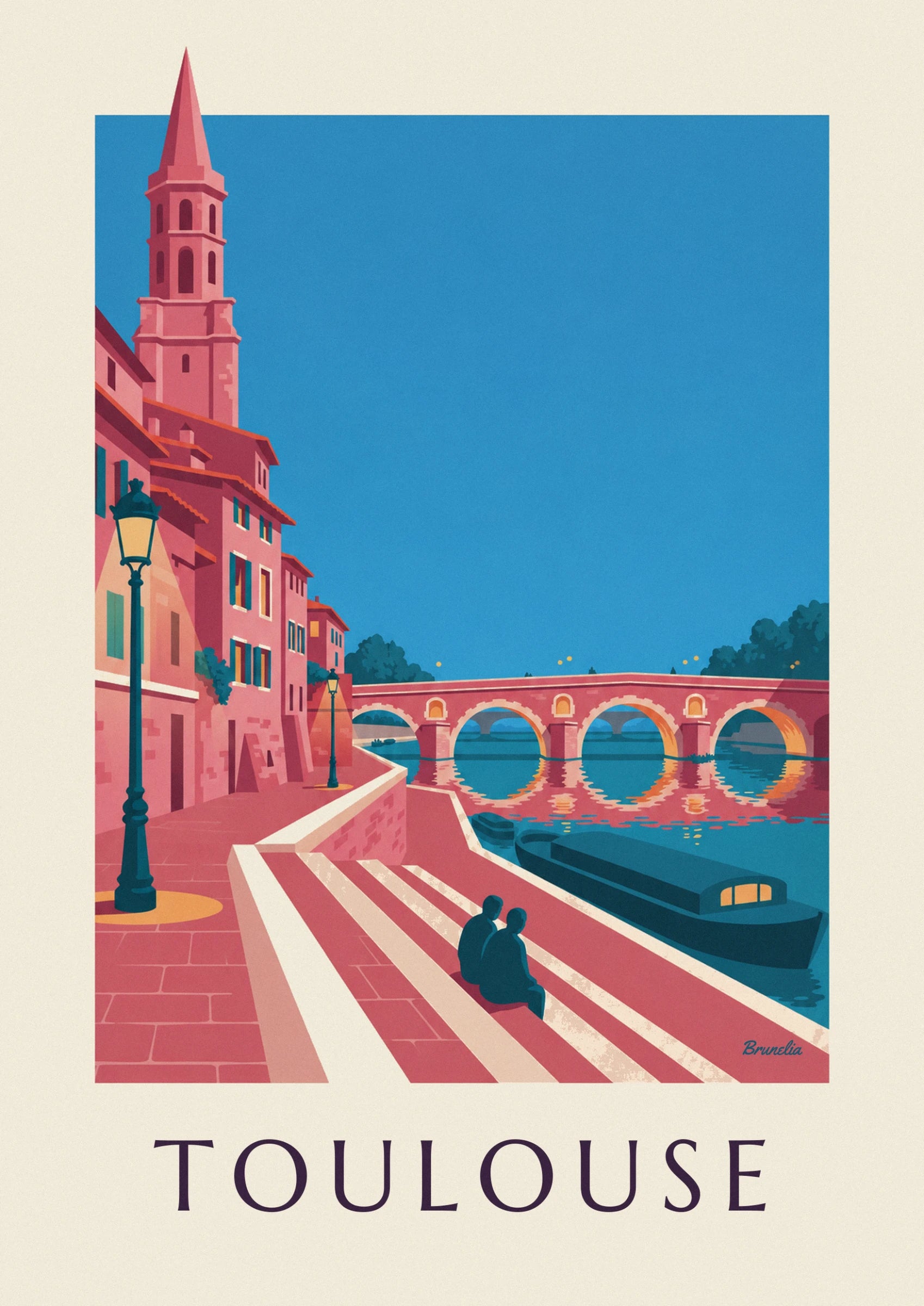 The pink brick bell tower with arched windows, rising against a blue sky