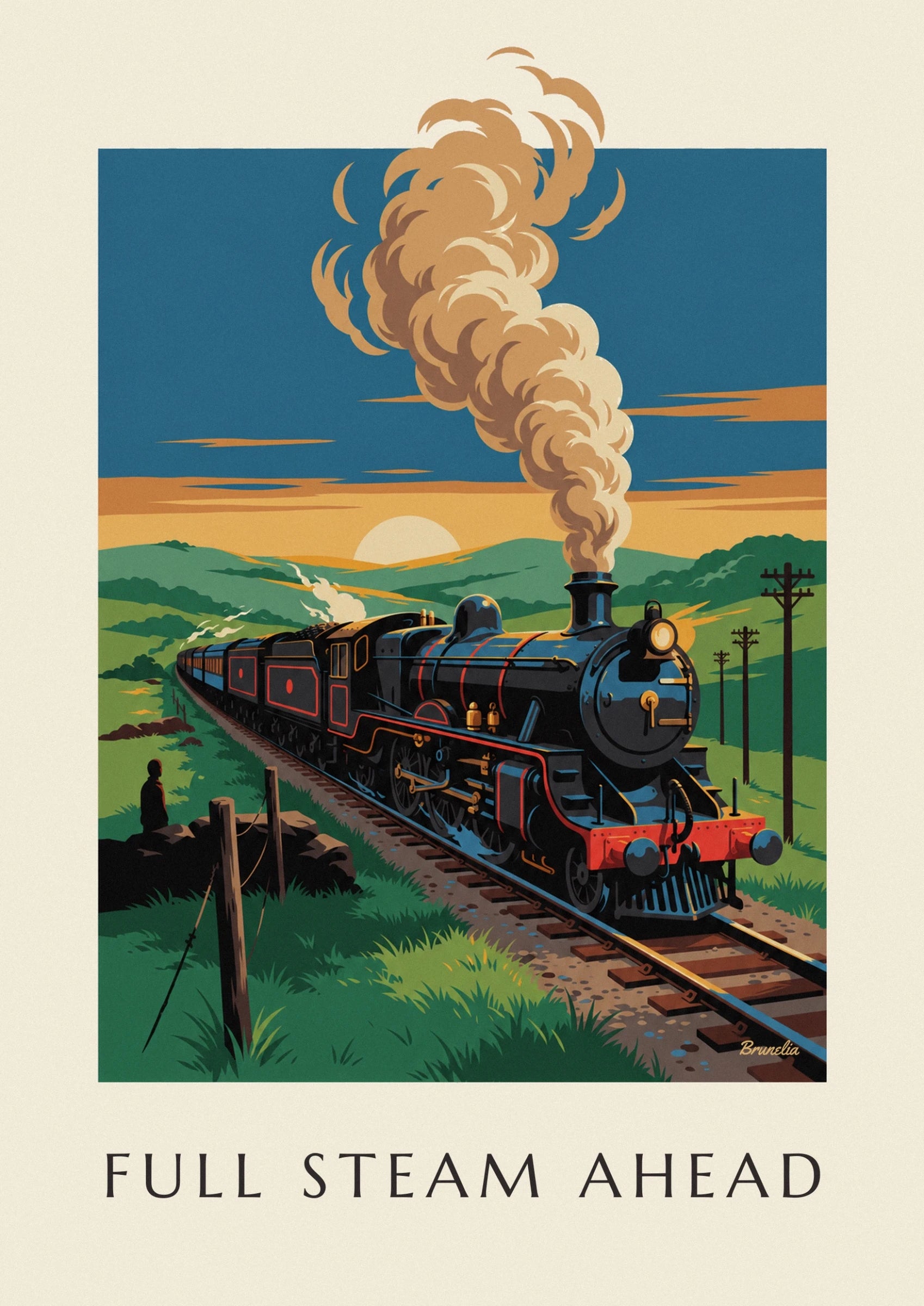 The front of the locomotive, its gold headlamp and its red buffer beam with black buffers