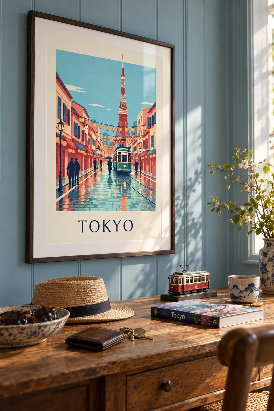 Poster of a vintage Tokyo streetcar and Tokyo Tower at dusk: framed on the wall