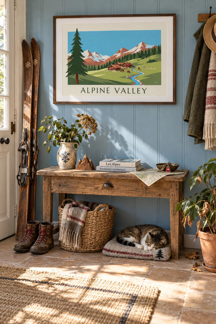 Alpine valley poster with wooden chalets and pastures: framed on the wall