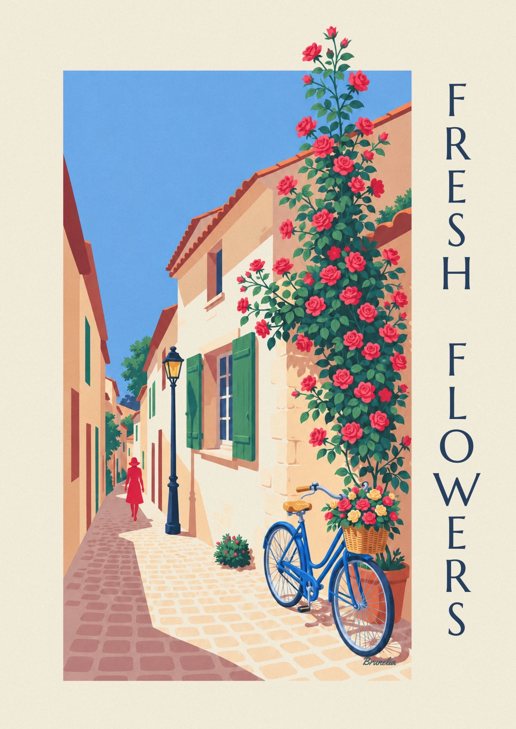 The blue bicycle with a wicker basket full of red and yellow roses, against the stone wall