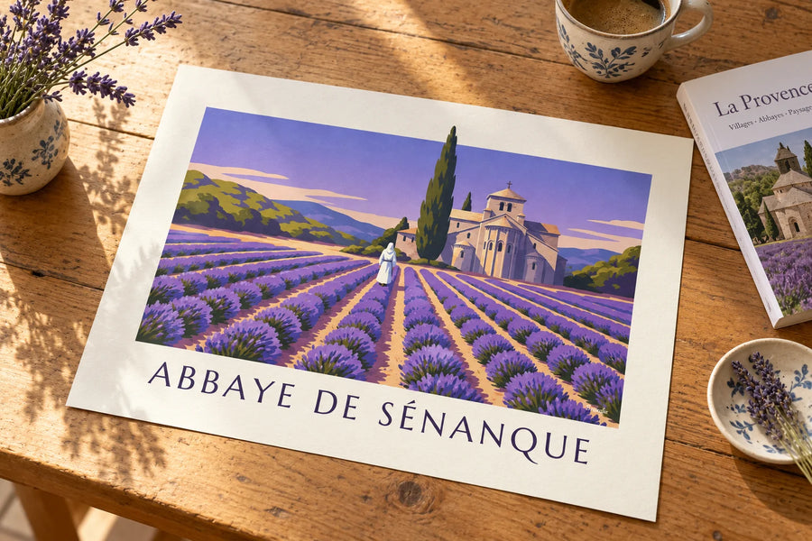 Póster de un monje caminando entre la lavanda de la abadía de Sénanque: colocado sobre una mesa