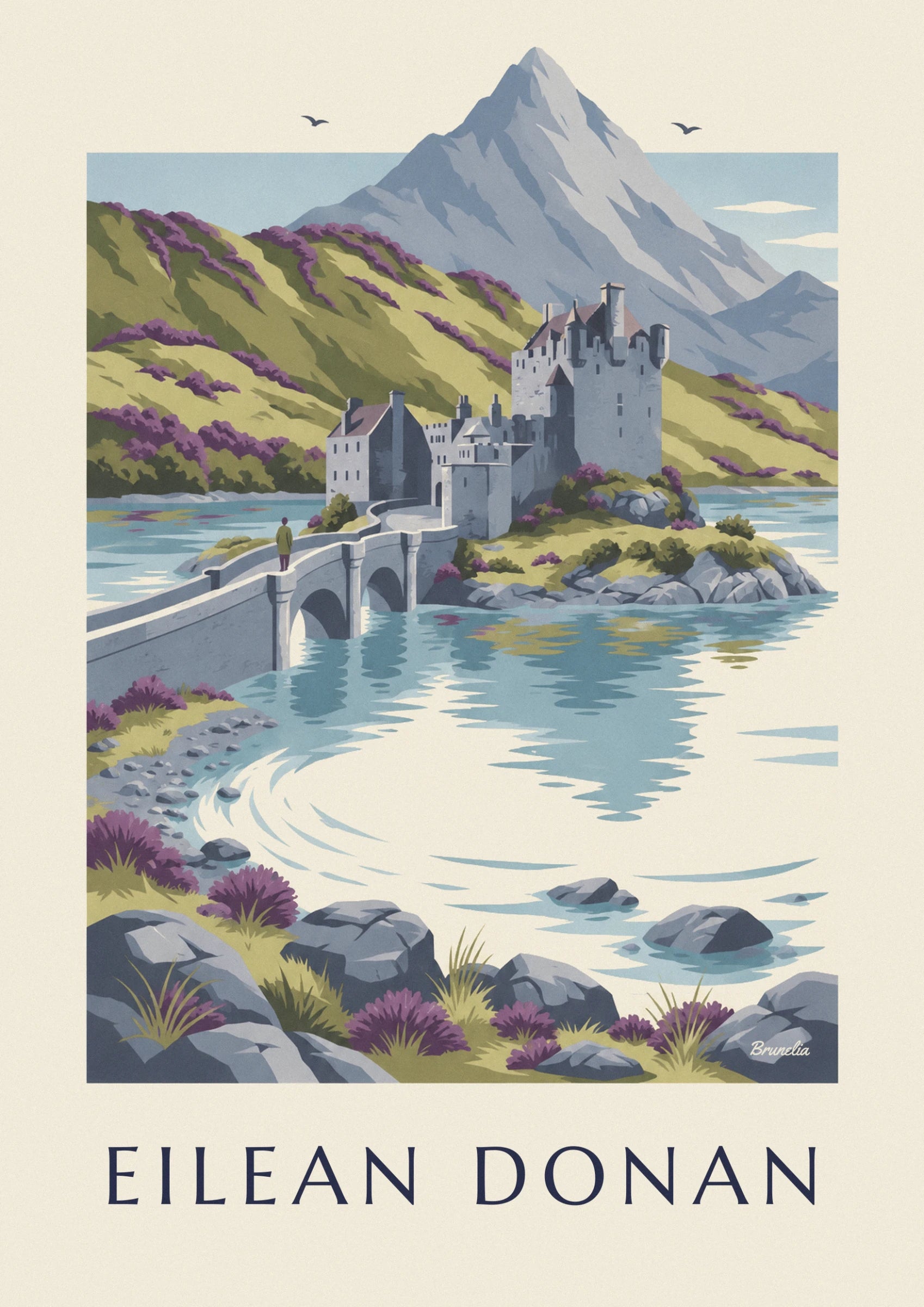 Le château de pierre grise et ses tourelles, adossé à la colline de bruyère violette