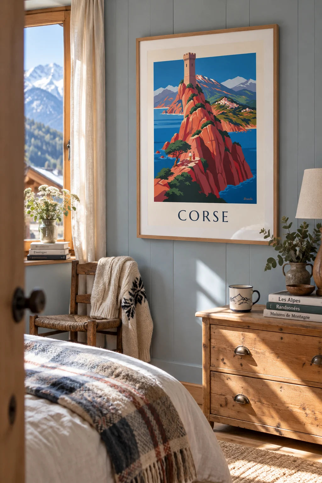 Mise en situation de Affiche côte sauvage de Corse, falaises rouges et Monte Cinto