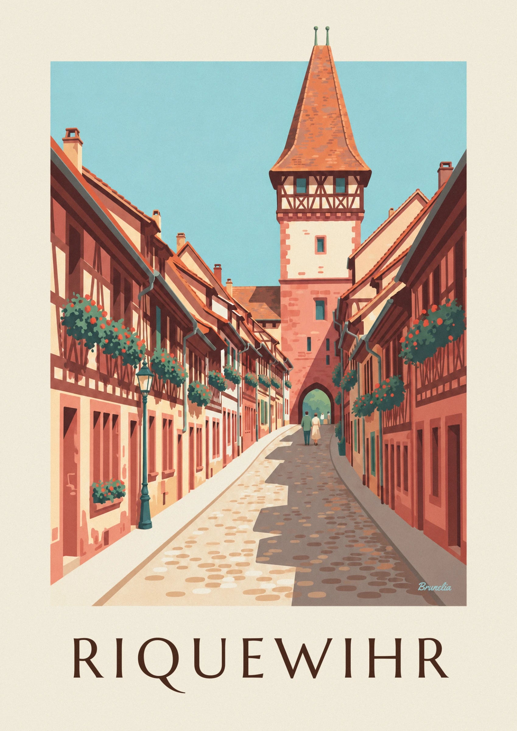 La tour à colombages et son toit pointu en tuiles orangées, sous un ciel bleu clair